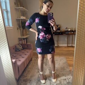 Joules Floral Print 3/4 Sleeve Knit Dress Black with Pink Roses Size 2